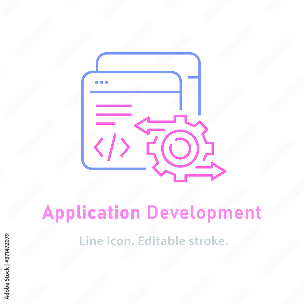 Poster application development line icon on white background. editable stroke.