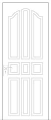 An Image of timber decorative door leaves in 2D Architectural CAD drawing. Comes with a variety of attractive designs. Comes with metal door frames and ironmongeries. Drawing in black and white. 