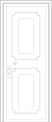 An Image of timber decorative door leaves in 2D Architectural CAD drawing. Comes with a variety of attractive designs. Comes with metal door frames and ironmongeries. Drawing in black and white. 