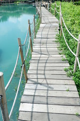 Obraz premium Brown wooden bridge beside the pond.