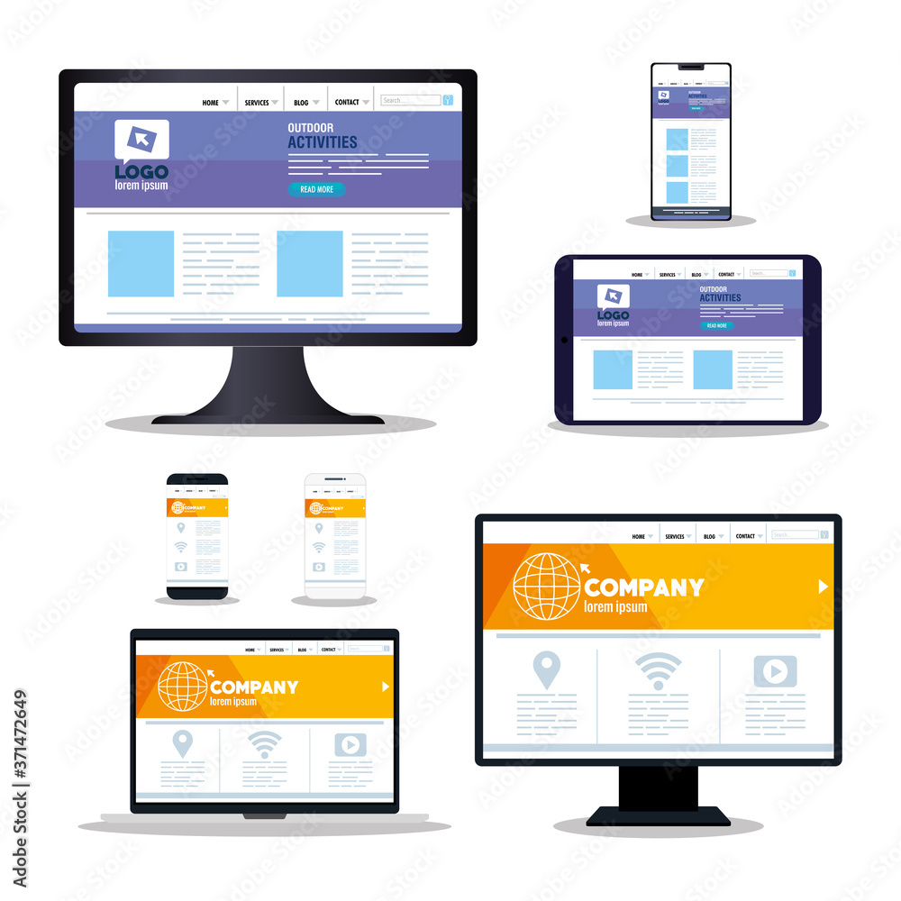 Poster mockup responsive web, concept website development in devices electronics vector illustration design