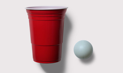beer pong, ping pong ball and red cup on a white background