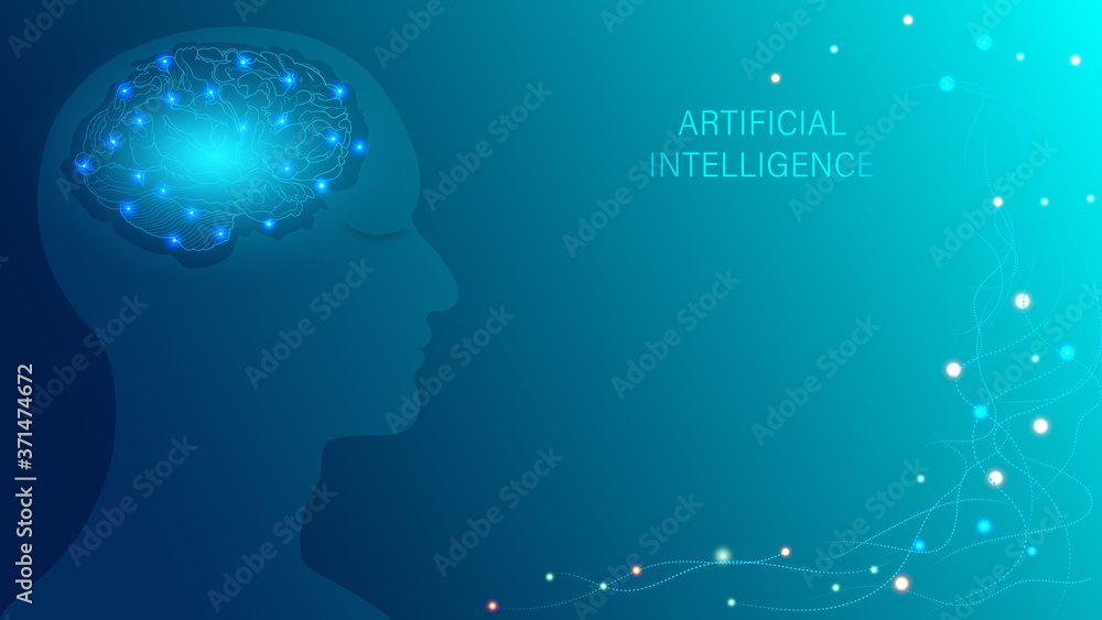 Poster artificial intelligence in humanoid head with neural network thinks. ai with digital brain is learni