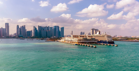 A view from the Singapore Straits towards the cruise port in Singapore, Asia