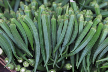 ladyfinger on the market. green vegetable.