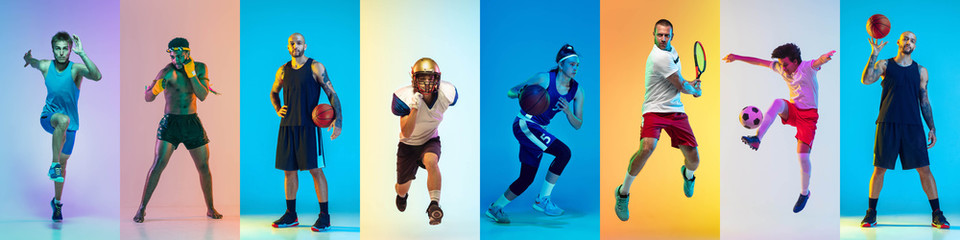 Fototapeta na wymiar Sport collage of professional athletes or players, sportsmen on multicolored background in neon. Made of different photos of 7 models. Concept of motion, action, power, childhood, active lifestyle.