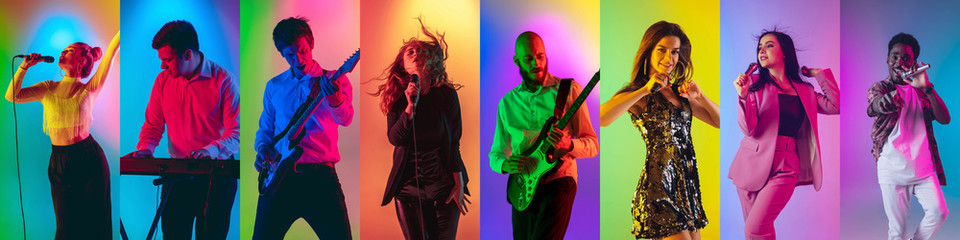 Collage of portraits of young emotional talented musicians on multicolored background in neon light. Concept of human emotions, facial expression, sales. Playing guitar, singing, dancing, jumping.