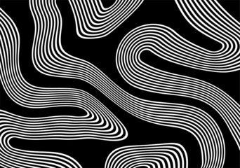 Modern black and white abstract background of white swirling parallel lines on a black background. Vector illustration