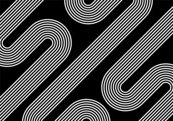 Modern monochrome abstract background of white curves parallel lines on a black background. Vector illustration