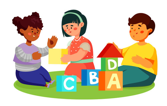 Children playing with toy blocks - colorful flat design style illustration