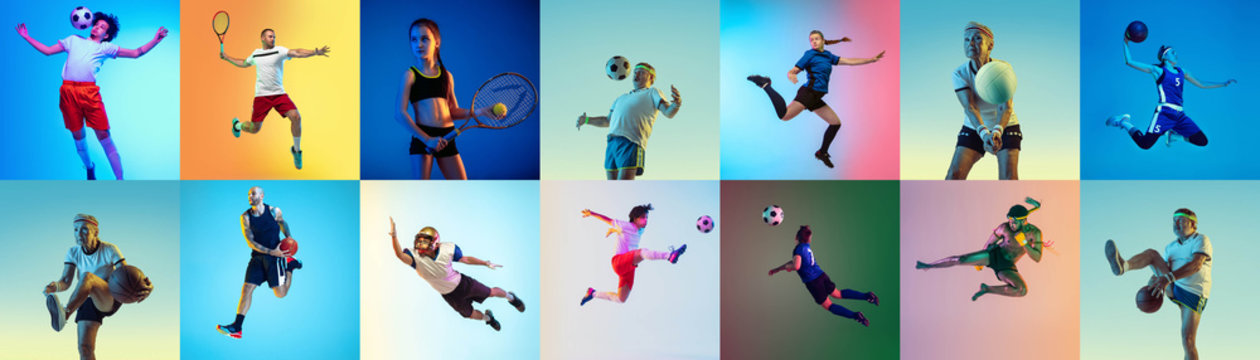 Sport collage of professional athletes or players, sportsmen on multicolored background in neon. Made of different photos of 11 models. Concept of motion, action, power, childhood, active lifestyle.