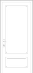 An Image of timber decorative door leaves in 2D Architectural CAD drawing. Comes with a variety of attractive designs. Comes with metal door frames and ironmongeries. Drawing in black and white. 