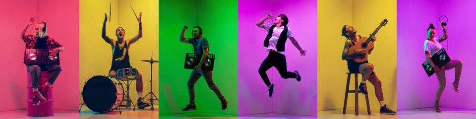 Collage of portraits of 5 young emotional talented musicians on multicolored background in neon light. Concept of human emotions, facial expression, sales. Playing guitar, singing, dancing, jumping. - obrazy, fototapety, plakaty