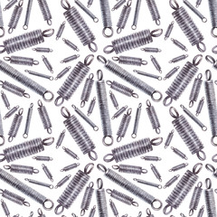 Watercolor seamless pattern with a variety of tools for repair. Pliers, hammer, saw, screwdrivers, protective gloves, nails, screws, springs