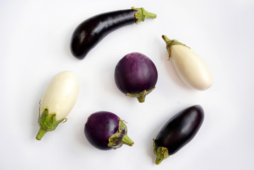 Eggplant of different shapes and colors on a white background