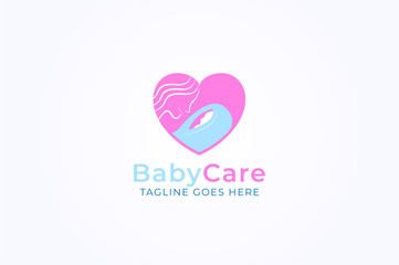 Baby care logo, illustration of heart, mom and baby in light blue and pink, symbol of love vector illustration logo template