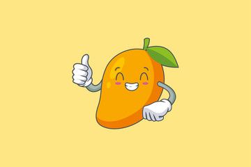CONTENT, HAPPY , GRIN SMILE, cheerful Face Emotion. Thumb Up Hand Gesture. Yellow Mango Fruit Cartoon Drawing Mascot Illustration.