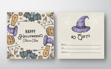 Halloween Abstract Vector Greeting Gift Card Background Template. Back and Front Design Layout with Typography. Soft Shadows and Sketch Pumpkins, Bats, Spiders and Candles Illustrations Frame.