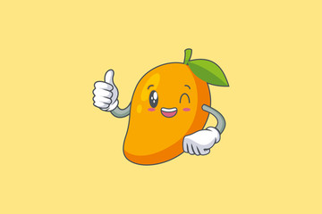 GRINNING WINK, HAPPY, cheerful Face Emotion. Thumb Up Hand Gesture. Yellow Mango Fruit Cartoon Drawing Mascot Illustration.