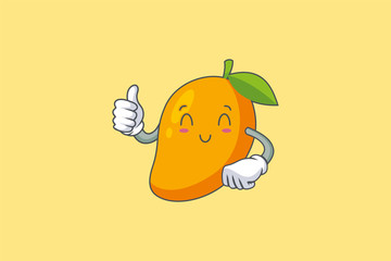 SMILING, HAPPY, RELIEVED Face Emotion. Thumb Up Hand Gesture. Yellow Mango Fruit Cartoon Drawing Mascot Illustration.