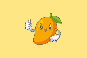 WOW ,SURPRISED, AMAZED, DISMAY Face Emotion. Thumb Up Hand Gesture. Yellow Mango Fruit Cartoon Drawing Mascot Illustration.