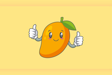 SLIGHTLY SMILE FACE, SLIGHTLY, SMILING Face Emotion. Double Thumb Up Hand Gesture. Yellow Mango Fruit Cartoon Drawing Mascot Illustration.