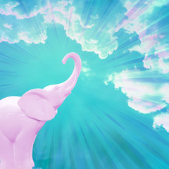 Contemporary collage. A pink elephant stands against a blue sky with white clouds and sunbeams.