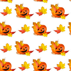 Seamless pattern - funny autumn still life with pumpkin for Halloween against white background, isolate.