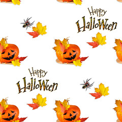 Seamless pattern - funny autumn still life with pumpkin for Halloween against white background, isolate.