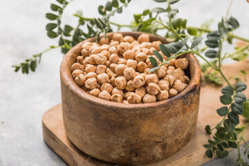 Dry chickpeas or garbanzo beans in bowl, healthy food ingredient