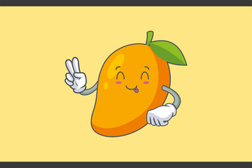 YUM, TONGUE, cheerful Face Emotion. Peace Hand Gesture. Yellow Mango Fruit Cartoon Drawing Mascot Illustration.