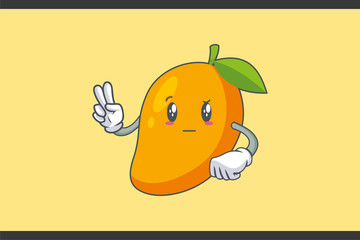 REALLY, ATTENTIVE, Curios Face Emotion. Peace Hand Gesture. Yellow Mango Fruit Cartoon Drawing Mascot Illustration.