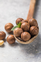Pile macadamia nuts open kernels and shells in spoon  on stone background.