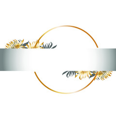 Banner. Golden round frame and tropical leaves. Design in light tones. Luxury background