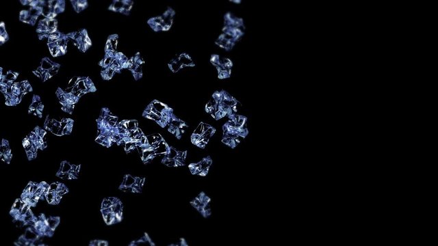Flying many clean ice cubes on black background. Pieces of crushed ice, Natural water. 3D animation of crushed ice rotating. Loop animation.