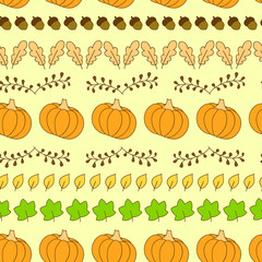 Autumn seamless pattern with pumpkins, acorns, leaves, branches. Cartoon hand drawn background.  Vector image.
