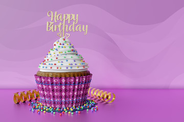 3D rendering of cupcake, text Happy Birthday on a topper, pink background