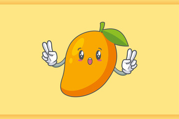 WOW ,SURPRISED, AMAZED, DISMAY Face Emotion. Double Peace Hand Gesture. Yellow Mango Fruit Cartoon Drawing Mascot Illustration.