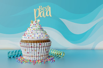 3D rendering of cupcake, text Best Dad on a topper, blue background