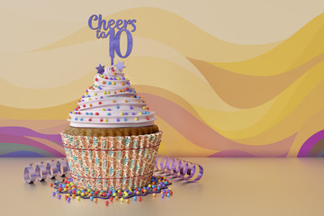 3D rendering of cupcake, text Cheers to 10 on a topper, orange background