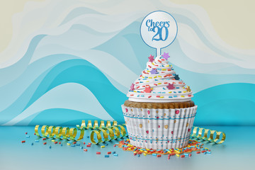 3D rendering of cupcake, text Cheers to 20 on a topper, light blue background