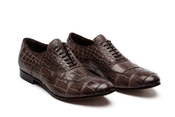 Crocodile leather dark brown male shoes isolated, white background. Сlassic pair of two balmoral bluchers oxfords. Men's formal wingtip dress shoe. Alligator classic footwear with bootlaces, side view