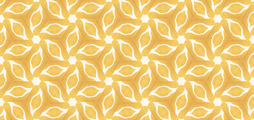 Textile type print white shapes forming a flowers filigree on a gilt background which mimics the aesthetics of art deco style. Abstract golden and white background. Computer generated image