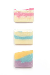 Handmade soap bars isolated on white background, flat lay. Homemade toxic-free natural organic cosmetic	