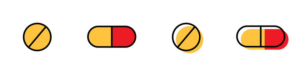 Conjunto de icono de píldora. Medicina o medicamentos. Ilustración vectorial, diferentes diseños. Pastilla o tableta
