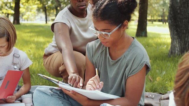 Beautiful Afro-American female teacher helping little girl with exercise in workbook during outdoor lesson in the park