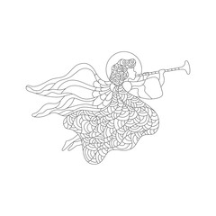 Obraz premium Merry Christmas vector greeting card with flying angel, trumpet, ornaments. Angel coloring page. Christmas line art illustration.