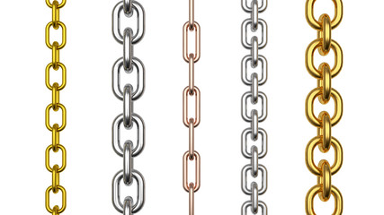 Rows of chains from various metals isolated on a white background. 3D illustration