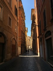 A narrow street of Rome and yellow old houses and blue sky