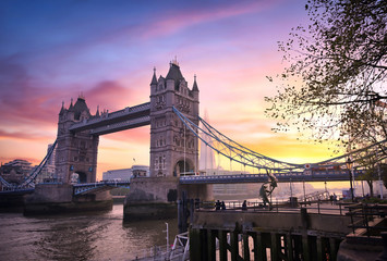 Sunset over Tower Bridge crossing the River Thames in London, UK.
